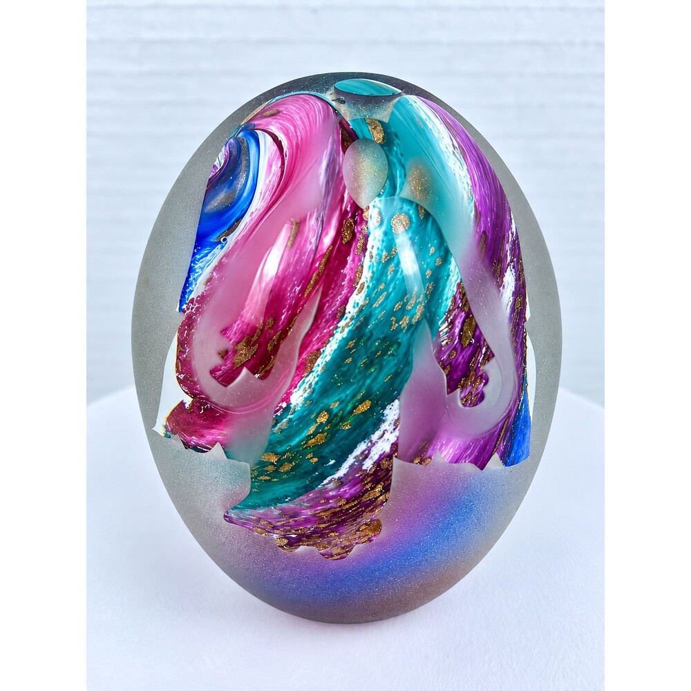 John DesMeules Glass Dimensions Handblown Paperweight w/Etched Frosted Angel